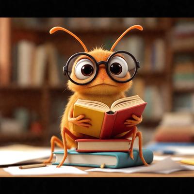 The primary subject of the image is a small, cute, and colorful insect, possibly a grasshopper or a beetle, sitting on a stack of books. The insect is wearing glasses, giving it a quirky and endearing appearance. The setting is a room with a bookshelf filled with various books, creating a cozy and intellectual atmosphere. The visual style of the image is a combination of photo and digital art, giving it a unique and creative touch. The colors and mood of the image